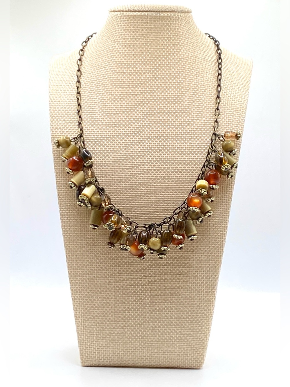 Boho Autumn Cluster Bead Statement Necklace 🍂 Earth Tone Chunky Dangle Chain 